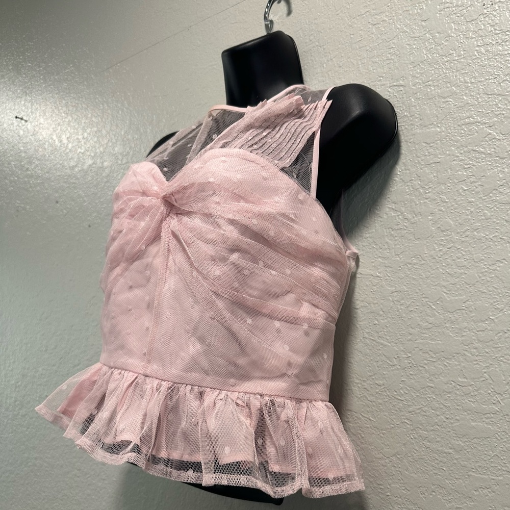 EXPRESS Tulle Polka Dot Twist Front Peplum Tank PINK - Picture 5 of 9
